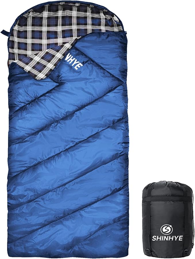 ShinHye 0 Degree Sleeping Bag for Adults - Cotton Flannel 4 Season Cold Weather Winter XXL Big and Tall Camping Sleeping Bag with Compression Sack