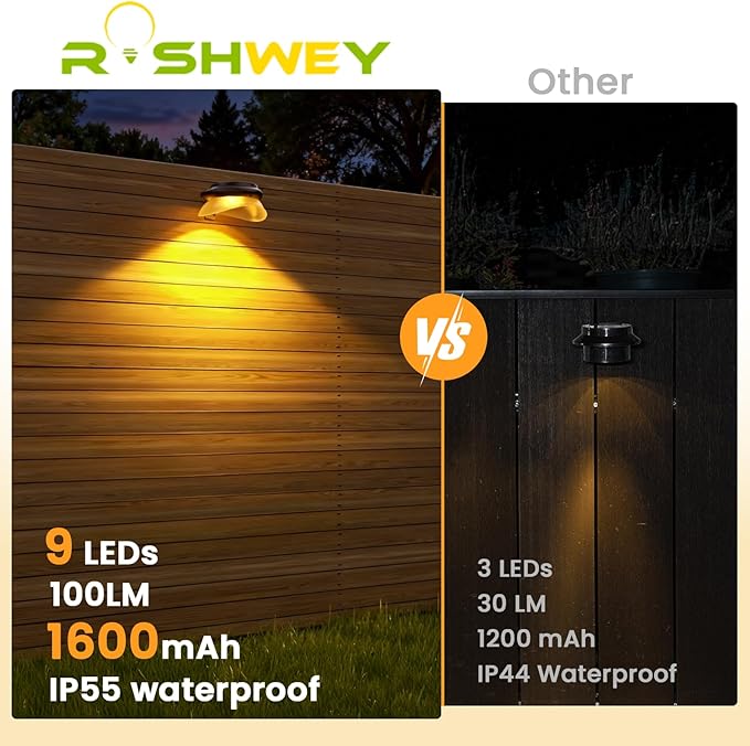 ROSHWEY Outdoor Fence Lights 6 Pack Solar Gutter Lights with 9 LED Waterproof for Eaves Garden Garage Porch Stairs Wall 2 Installations Methods Black Lampshade (Warm White)