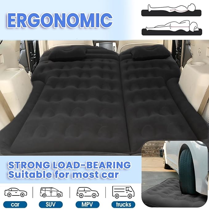 Car Air Mattress - Inflatable Bed SUV Mattress for Cars RV Truck Backseat Trunk Portable Camping Bed Flocked Airbed Sleeping Mat for Vehicle Travel Road Trip Indoor&ampOutdoor Activities (Black)