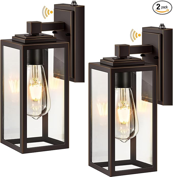VIANIS Dusk to Dawn Outdoor House Lights Wall Mount 2 Packs Oil Rubbed Bronze Gold Trim Exterior Garage Lighting Fixtures Farmhouse Outdoor Wall Sconce Lantern for Porch Patio Anti-Rust Waterproof