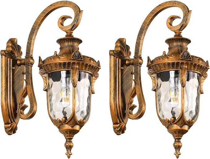 Outdoor Wall Lights Waterproof Aluminum Porch Wall Light for Outside House Patio Yard Garden Gold Gooseneck Exterior Wall Sconce Hardwired Outdoor Acorn Shape Lantern Water Ripple Glass 2pack