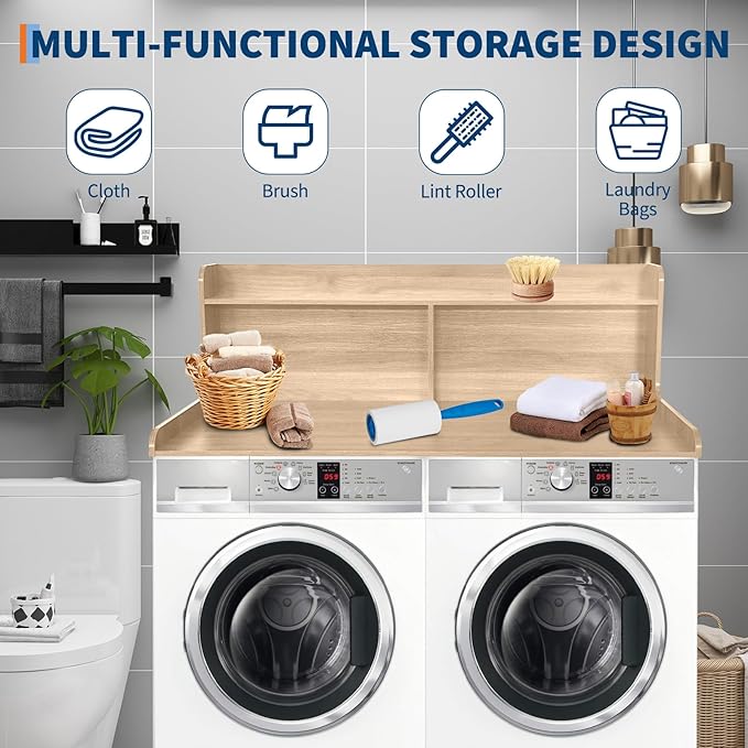 2 Tier Washer Dryer Countertop with Shelf54x27.5in Waterproof Wood Organizer Rack with StorageSpace-Saving Leader for Laundry RoomNatural Wood