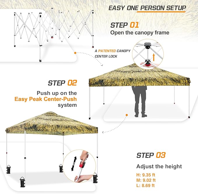 EAGLE PEAK Pop Up Canopy Tent with Wheeled Carry Bag 8 Stakes 4 Ropes 4 Weight Bags Easy Set Up Tent Canopy 10x10 ft 100sqft of Shade Tiki