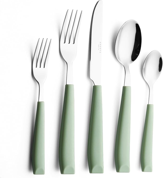 ANNOVA Silverware Set Stainless Steel Colorful Handle Tableware Kitchen Flatware Set Utensils Includes Dinner Knives Forks Spoons Salad Forks &amp Dessert Spoons (Sage Green 20 Pieces)