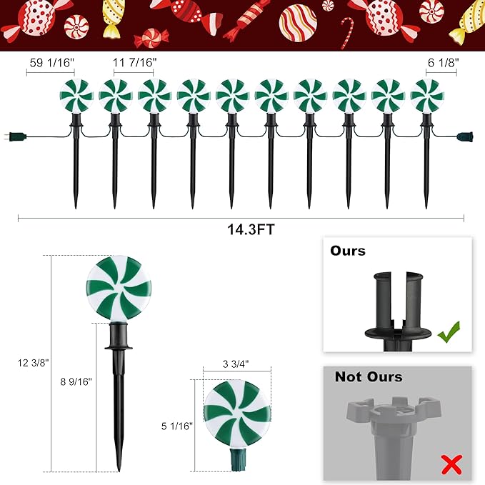 Ultimate Unicorn Christmas Lollipop Pathway Lights for Christmas Decoration 10 LED Christmas Peppermint String Lights Green Lollipop Pathway Lights with Stakes for Garden Christmas Decor