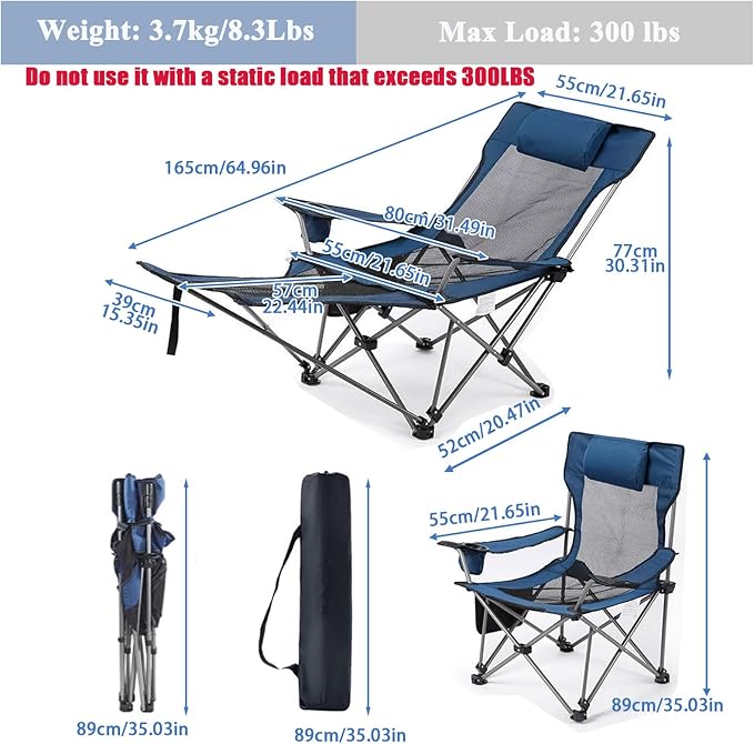 Reclining Folding Camping Chair with Removabel Footrest Adjustable Folde Camping Chair with Foot Rest Camp Lounge Outdoor Beach Chair Mesh Reclining Design with Pillow Cup Holder Blue Mesh