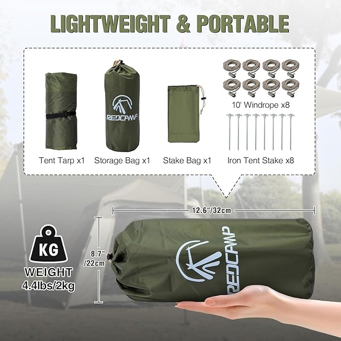 REDCAMP Large 10x17ft Waterproof Camping Tarp Portable Hammock Rain Fly with 4 Adjustable Poles 8 Guy Lines &amp Stakes Backpacking Tent Shelter for Camping Hiking Beach (4 Poles)