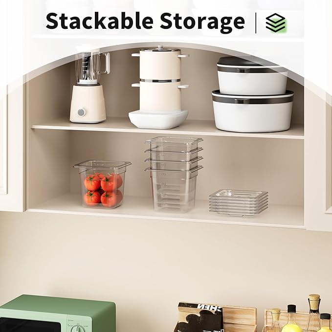 1/6 6'' 6 Pack Plastic Food Pans With Lids Clear Food Pan Commercial Stackable Polycarbonate Freezer-Safe for Fruits Vegetables Restaurant Kitchen
