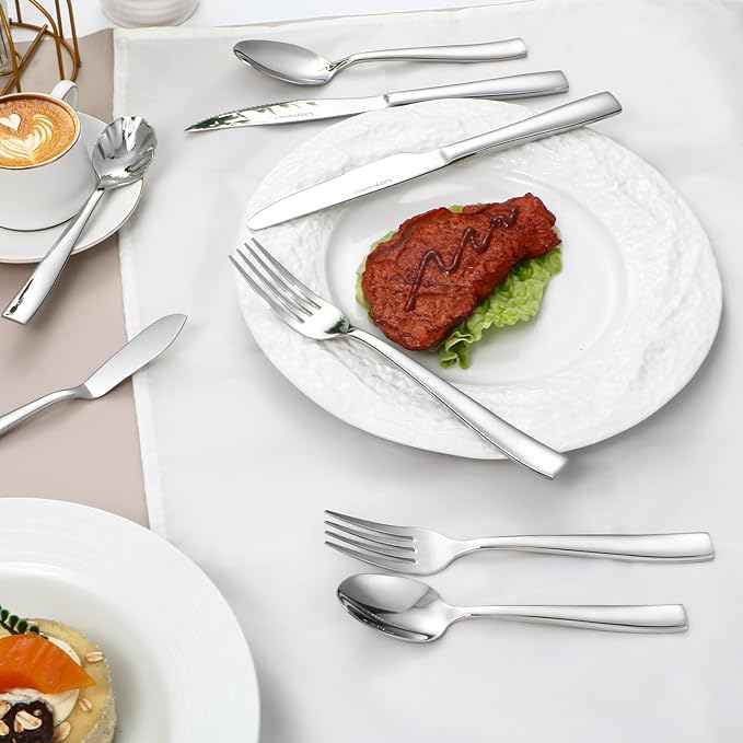 Lazycorner 53 Piece Silverware Set wiith Steak Knives and Serving Utensils 18/10 Stainless Steel Flatware Set Mirror Polished Eating Utensils Sets Silverwear Cutlery Set Dishwasher Safe