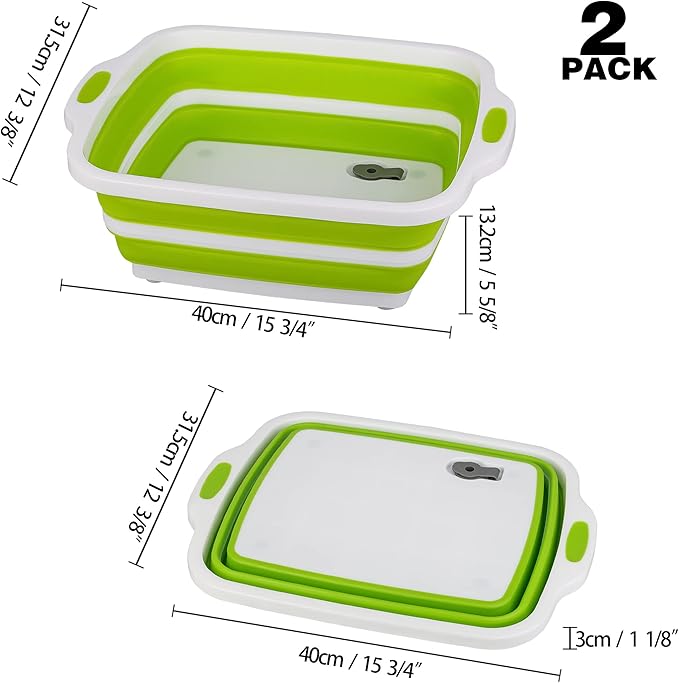2 Pack Collapsible Cutting Board Foldable Dish Tub with Draining Hole Portable Chopping Board with Colander 3 in 1 Multifunction Camping Sink for Washing Dish Bowl Vegetables and Fruit