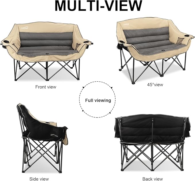 Double Folding Camping Chair Fully Padded Loveseat Camping Couch Oversized 2 Person Lawn Chair Sofa w/Cup HolderWine Glass HolderMesh Storage for Patio Picnic BeachSupport 600lbsBeige