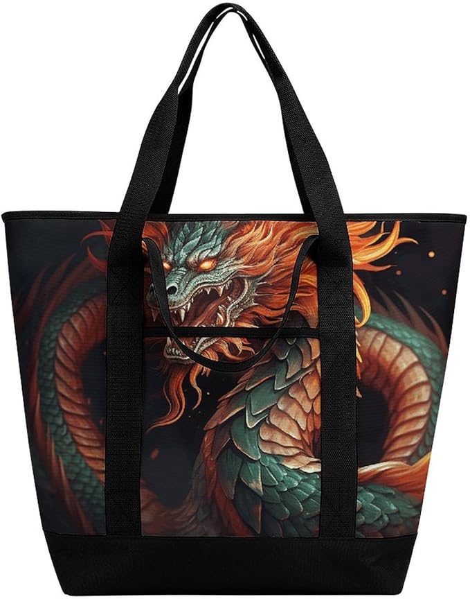 Insulated Shopping BagLarge Reusable Cooler Bags Chinese Dragon Printed Foldable Shopping BagTravel Waterproof Shoulder Bag