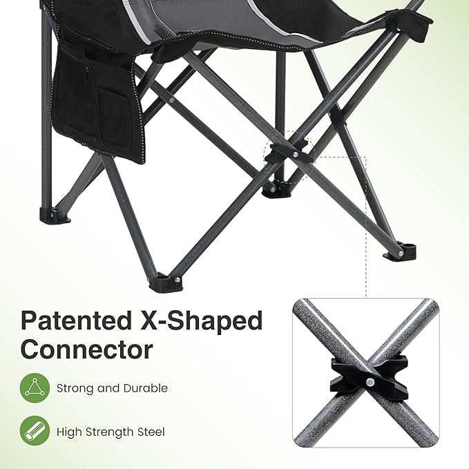 LET'S CAMP Oversized Outdoor Folding Camping Chair Heavy Duty Arm Chair with Cup Holder and Storage Bag 350 LBS Weight Capacity Grey