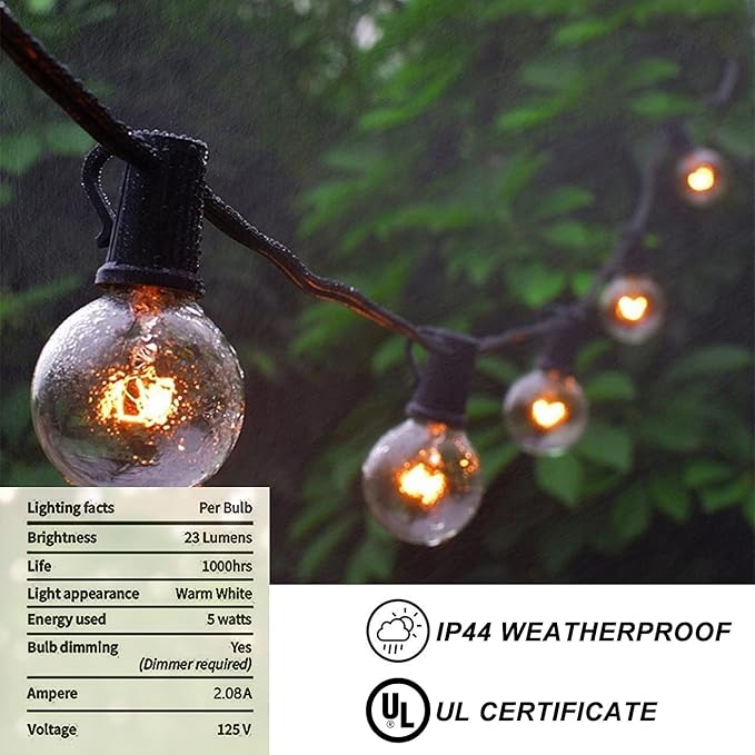 Abeja Outdoor String Light 100 Ft G40 Patio Lights with 105 Edison Glass Bulbs E12 Socket Base (5 Spare) Globe Clear Hanging Lights for Backyard Balcony Deck Party Decor Not Connectable Black