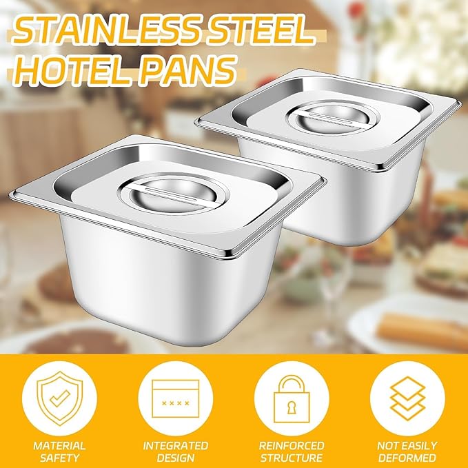 10 Set Stainless Steel Hotel Pans with Lids 1/6 Size 4 Inch Deep Steam Table Pans Food Containers Catering Food Storage Metal Pan Lid Anti-Jam Steam Pan Cover for Commercial Restaurant Hotel Buffet
