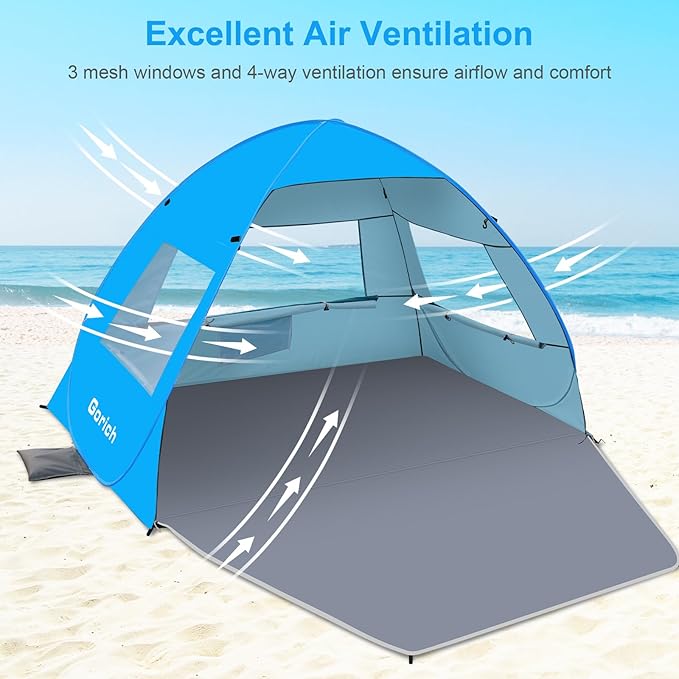 Gorich Easy Pop Up Beach Tent for 3-4 Person UPF 50+ UV Protection Beach Umbrella Sun Shelter Portable Lightweight Shade with Easy Foldable &amp Instant Setup