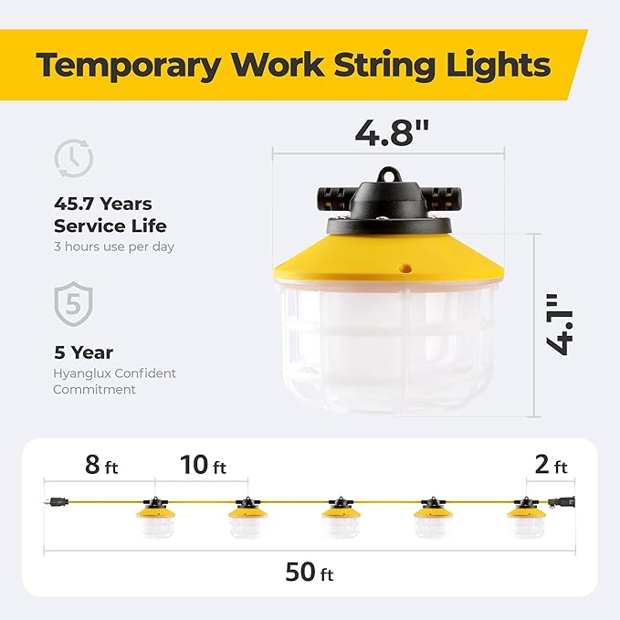 Outdoor Construction LED String Lights: 3 Prong 50FT 75w 10500lm ETL Certified Super Bright Temporary Lighting Hanging IP65 Waterproof Work Light for Attic Jobsite Garage