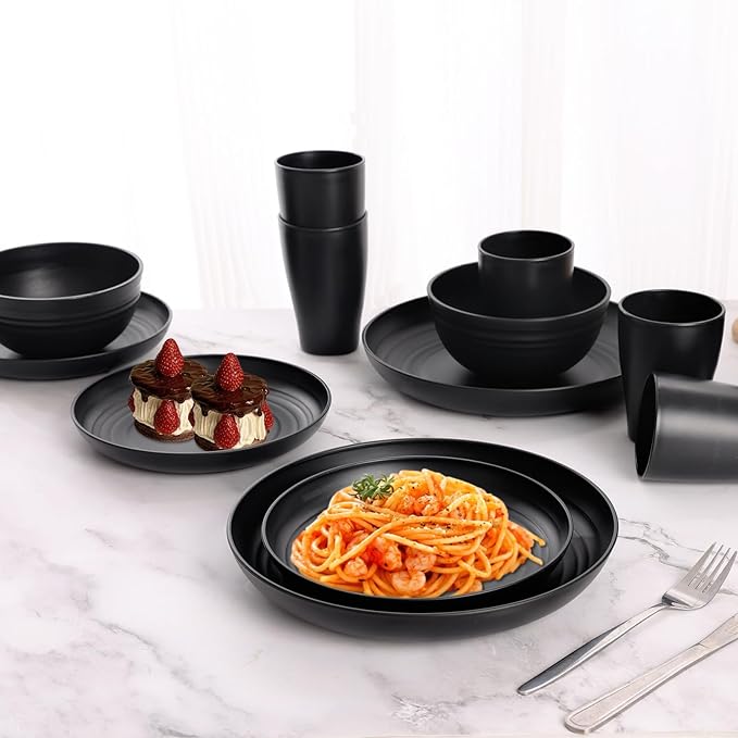 Black Plates and Bowls Sets for 8Wheat Straw Dinnerware Sets Black Plastic Reusable Dishwasher Safe for Kitchen Halloween Camping32 Pcs Lightweight Unbreakable Plastic Dishes Set Outdoor