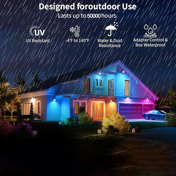 Permanent Outdoor Lights 100FT RGB+IC Smart Eaves Lighting with 50 LEDs 16 Million Colors IP68 Waterproof for Year-Round and Holiday Use