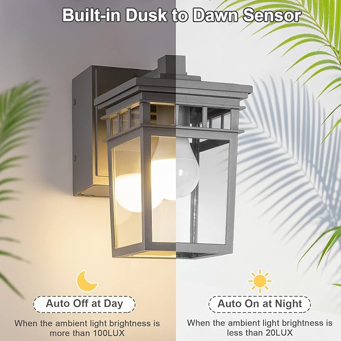 Outdoor Porch Light with GFCI Outlet Built in Dusk to Dawn Outdoor Lighting with Clear Glass Shade Waterproof Outdoor Wall Sconce Exterior Lights for House Garage Front Door Bulb Included(Gray)