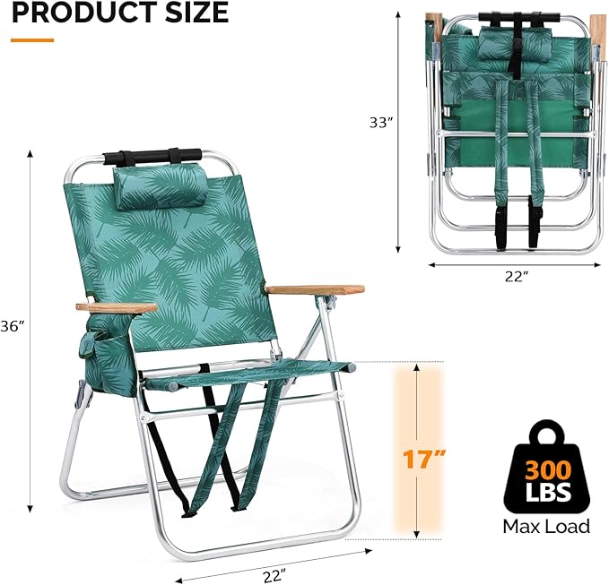 Bonnlo Lightweught 17 Backpack Beach Chair Tall Beach Chairs for Adults Portable with Adjustable Straps 3-Position Reclining Cup Holder High Beach Chairs for Beach