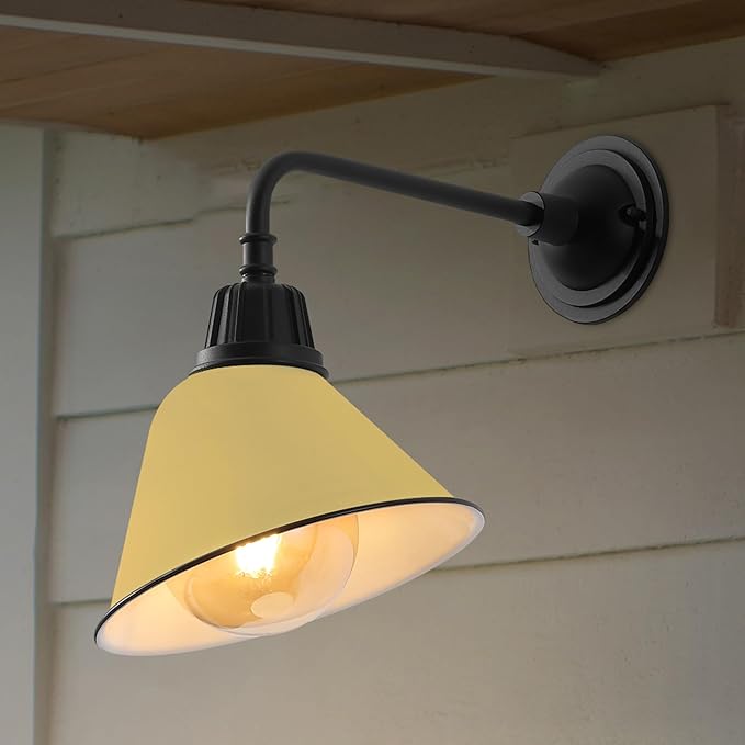 JONATHAN Y 9.63 Matte Yellow/Black 1-Light Farmhouse Outdoor Sconce Industrial LED Wall Light Gooseneck Arm Barn Lamp with Metal Bell Shade for Porch Patio Kitchen LED Bulb Included (JYL7612H)