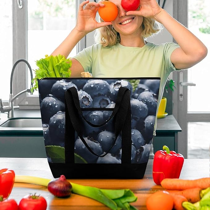 Insulated Shopping BagLarge Reusable Cooler Bags Delicious Blueberry Printed Foldable Shopping BagTravel Waterproof Shoulder Bag