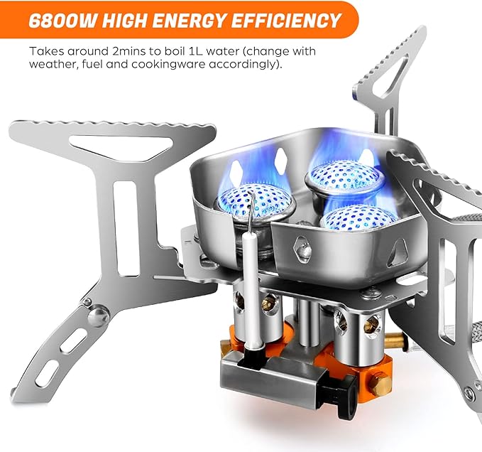 Odoland 3500W/6800W Windproof Camp Stove Camping Gas Stove with Fuel Canister Adapter Piezo Ignition Carry Case Portable Collapsible Stove Burner for Outdoor Backpacking Hiking and Picnic