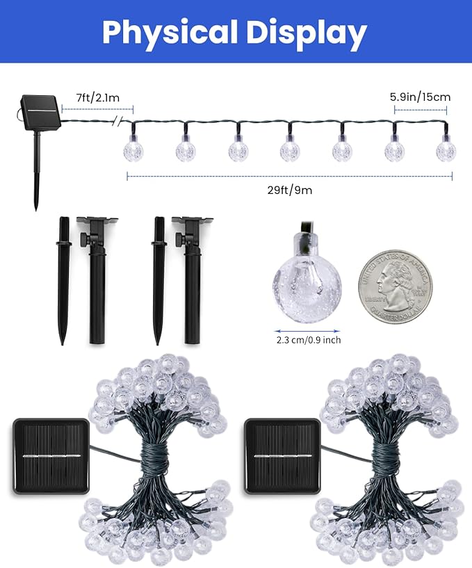 Solar String Lights Outdoor Waterproof 2 Pack 60 LED 36.5 FT Each 8 Lighting Modes Solar Powered Patio Lights for Garden Yard Porch Wedding Party Decor (Blue)