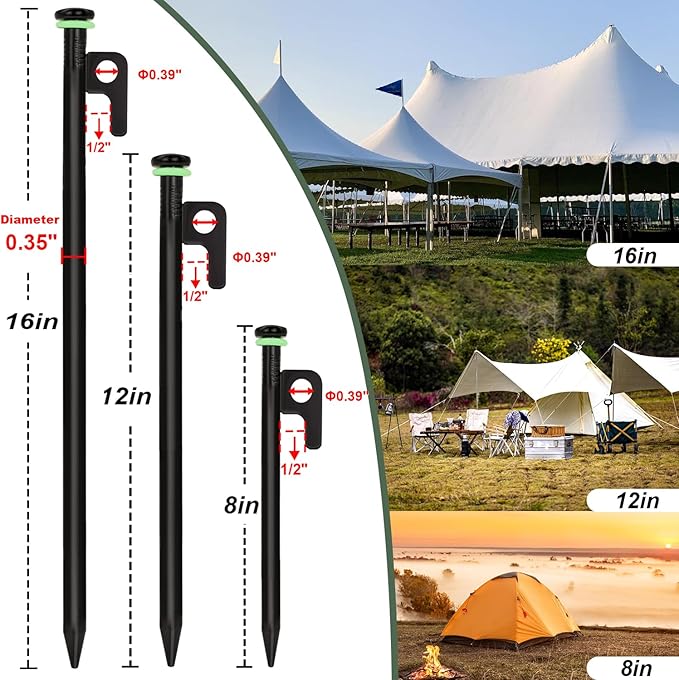 20Pcs Tent Stakes 12in/16in Heavy Duty Tent Stakes 0.35 Dia. Forged Steel Stakes Heavy Duty for Tent Used on Rocks Snowfield(20Pcs 12in Stakes)