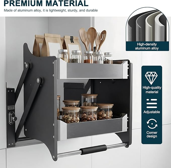 2 Tier Heavy Duty Pull Down Shelf 22.2-22.4 Inch Width 11 Inch Depth 22 Inch Height Shelf Organizer for Kitchen Pots Pans &amp Pantry Storage
