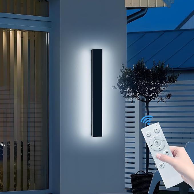 23.6inch Exterior Wall Lights for House Modern Outdoor Wall Sconce Dimmable 3000K-6000K IP65 Waterproof Outside Long Strip Light Wall Mount Lighting for Porch Garage with Remote Control