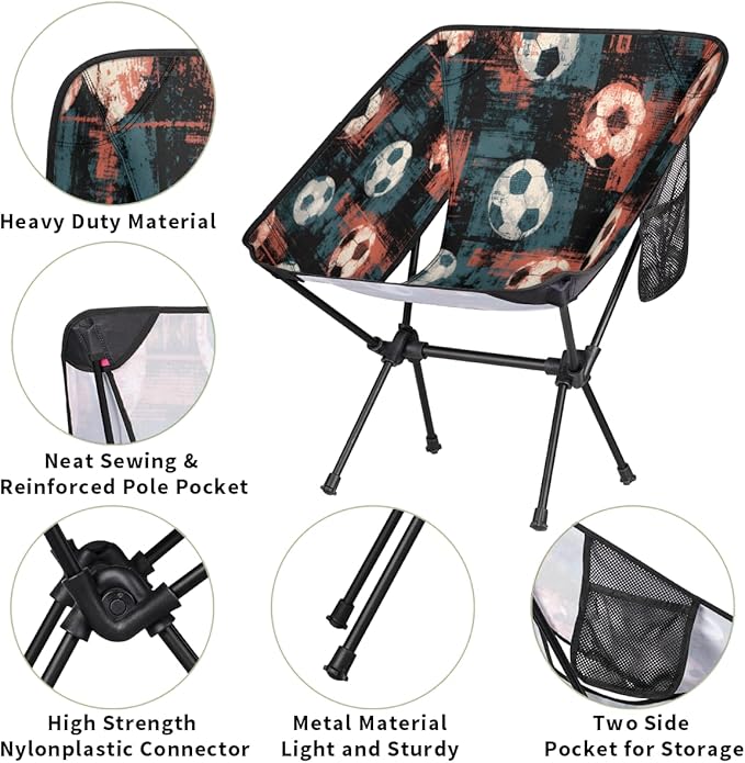 Vintage Soccer Footabll Camping Chair Folding Backpacking Chair Portable Lightweight Outdoor Chairs with Side Pockets for Hiking Beach Picnic
