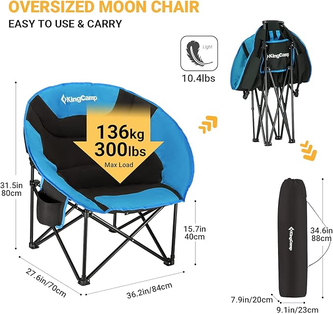 KingCamp Oversized Saucer Round Camping Chair Portable Padded Outdoor Folding Chair for Adult with Cup Holder Back Pocket Carry Bag Support Up to 300lbs Blue