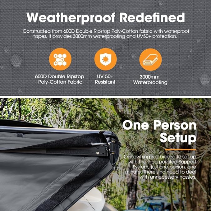 Sanhima 180 Awning Free Standing Built-in LED Light 84 ft² Shelter Car Side Waterproof UV50+ Wind Resistant Driver Passenger Side 180 Degree Vehicle Awning for SUV Van Truck
