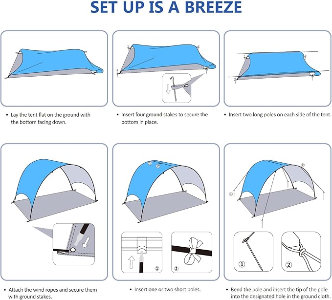 Beach Tent - Beach Shade Canopy Compact Fold (16.9x3.9″) Own Patent 360° Ventilation Large Side Storage Pocket UV Protection Portable Sun Shelter for Beach (Blue 106 * 65 * 61″)
