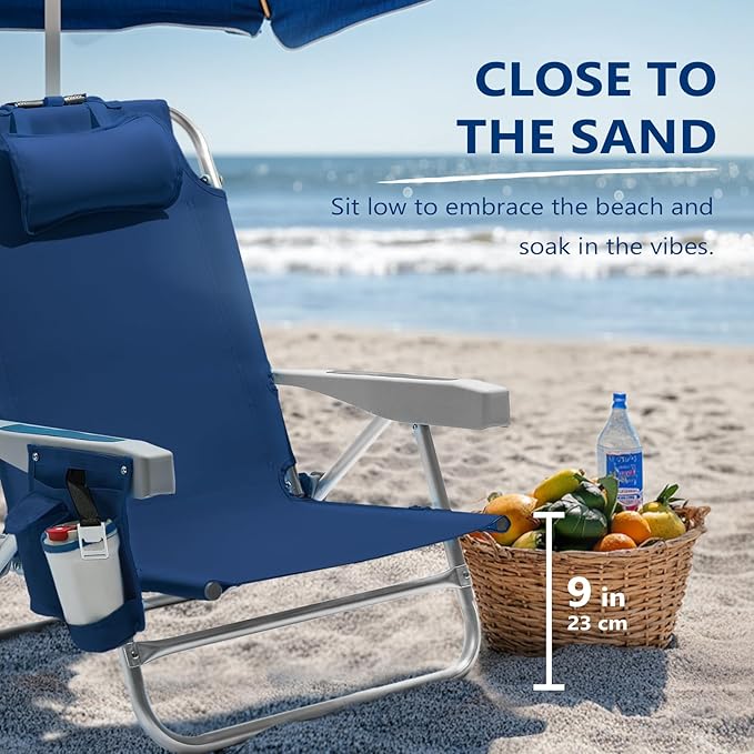 5-Position Aluminum Lay Flat Backpack Beach Chair 2 Pack Compact Portable Low Beach Chairs for Adults Beach Chair with Cooler Pouch Storage Pouch Towel Bar Cup Holder Navy