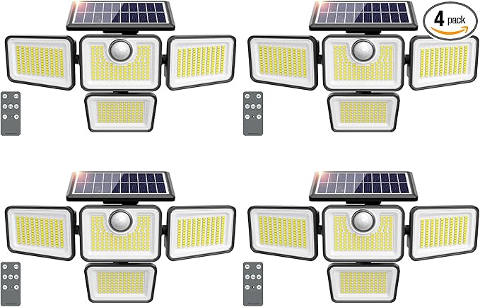 4500LM Solar Lights Outdoor 4 Adjustable Heads Motion Sensor Lights 3 Modes 6500K IP65 Waterproof Solar Security Wall Lights Remote Control Flood Lights Garden Outside Backyard 4 Pack