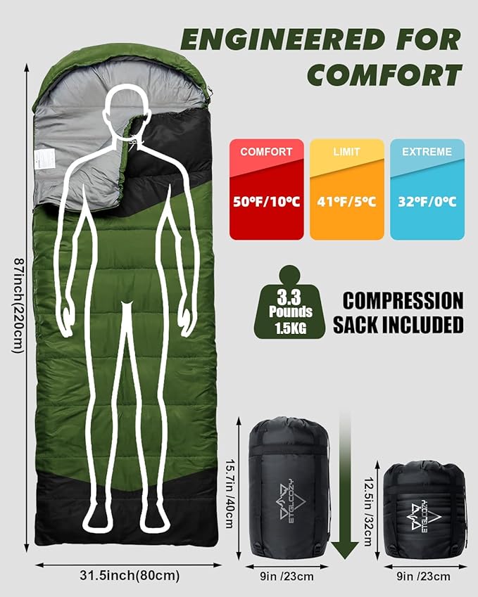 Lightweight 3-Season Sleeping Bag for Adults/Kids Camping Compact w/Compression Sack Waterproof Ripstop Portable for Backpacking Hiking Travel