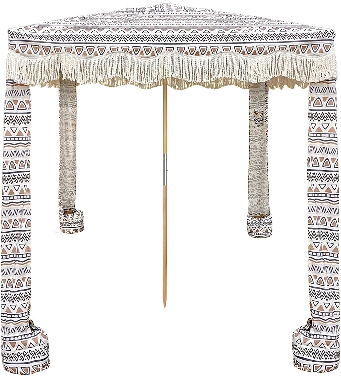 AMMSUN Beach Cabana with Fringe 6.5' x 6.5' Boho Beach Canopy with Tassels Easy Set up &amp Premium Wood Pole Cabana Tent with Sand Pockets Instant Sun Shade for Sand Garden Patio Tan