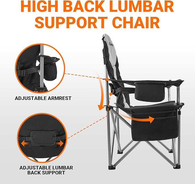 KingCamp Folding Portable Camping Chairs Oversized Padded Quad Arm Chair with Cooler Bag Cup Holder and Side Pocket Heavy Duty Supports 300 lbs for Outdoor Lawn Fishing Sports