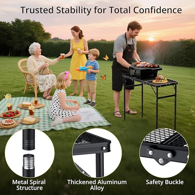 Anbte 3ft Tri-fold Grill Table 2 Adjustable Heights Max 29.5 Sturdy Metal Grill Table with Storage Bag Heat-Resistant Tabletop Portable Handle for Cooking BBQ Outdoor Travel 35 x 16 Black