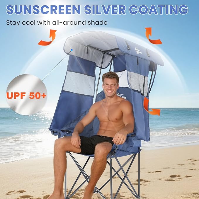 Camping Chair with Canopy Beach Chair with Canopy Shade Oversized Folding Canopy Chair for Camping Beach Picnics Fishing Sports - High Back Padded Headrest Cup Holder Pocket - Support 400 LBS
