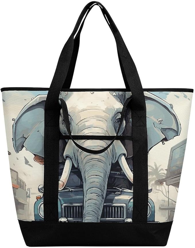 Insulated Shopping BagLarge Reusable Cooler Bags Car Elephant Printed Foldable Shopping BagTravel Waterproof Shoulder Bag