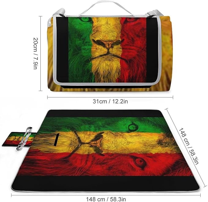 Lion of Judah Rasta Reggae Art Waterproof Outdoor Picnic Blanket Sandproof Beach Mat for Camping Hiking Grass Travelling