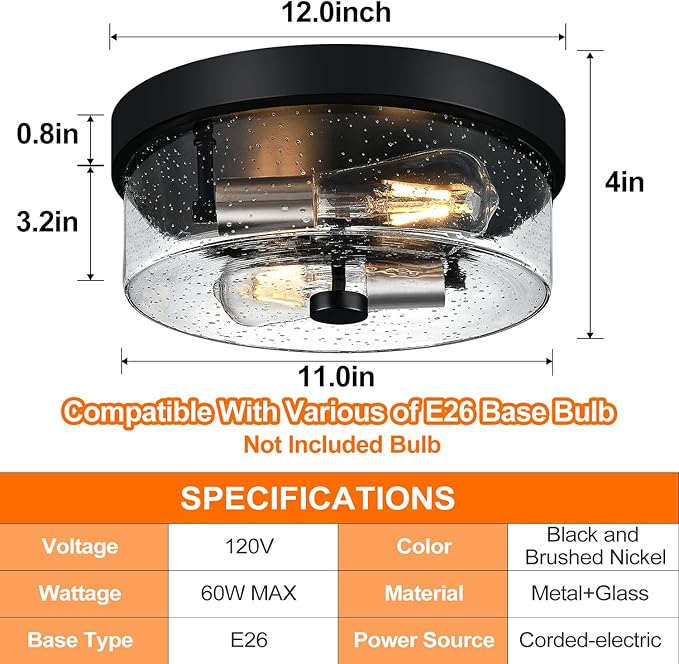 Flush Mount Ceiling Light Fixtures 2-Light Black and Silver Ceiling Mount for Farmhouse with Seeded Glass Lampshade Industrial Flush Mount Light Fixture for Hallway Kitchen Entryway and Foyer