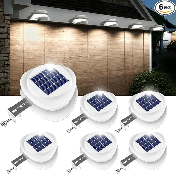 ROSHWEY Gutter Lights Solar Powered 6 Pack Solar Patio Decor Lights with 9 LED Waterproof Fence Light for Eaves Garage Garden Landscape Pathway (Cool White)