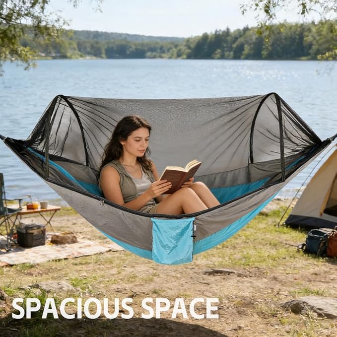 Camping Hammock with Mosquito Net - Double &amp Single Portable Hammocks with 2 Tree Straps Lightweight Hammock Tent for Outdoor Camping Hiking Backpacking Beach &amp Backyard (Blue)