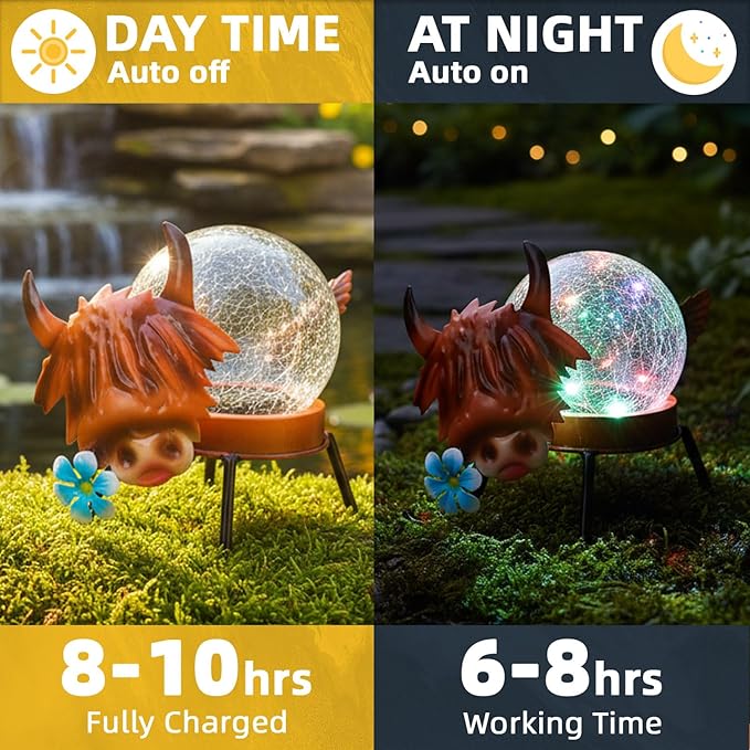 Solar Lights Outdoor Highland Cow Decor with Crackle Glass Globe Lights - Cute Metal Cow Decor for Yard Lawn Patio Porch Pathway Tabletop Housewarming Gifts for Mom Women