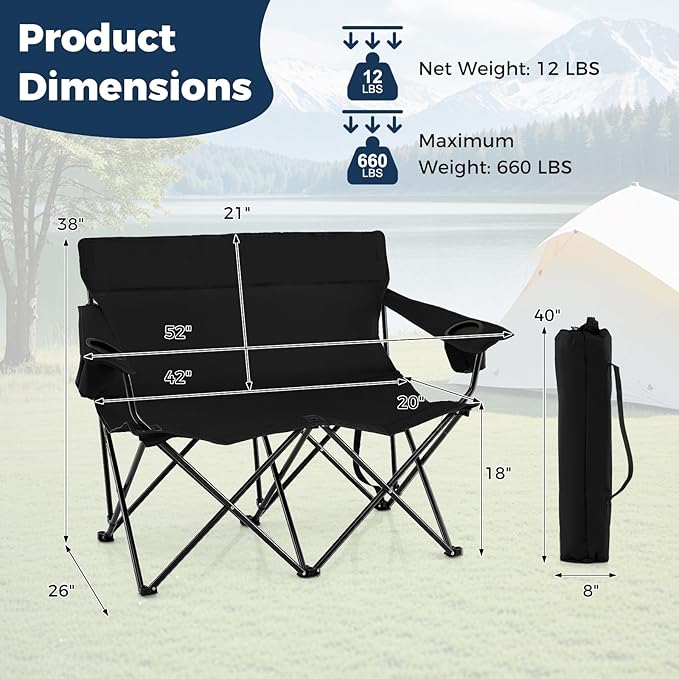 Tangkula 2 Person Camping Chair Outdoor Folding Camp Chair Loveseat with Cup Holders Armrests Carrying Bag Portable Heavy Duty Lawn Chair for Beach Picnic Fishing Travel (2-PersonBlack)